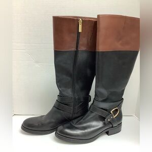 Bandolino “TESSI” Women’s size 8 Black & Brown Riding Boots, Brass Stirrup Decor
